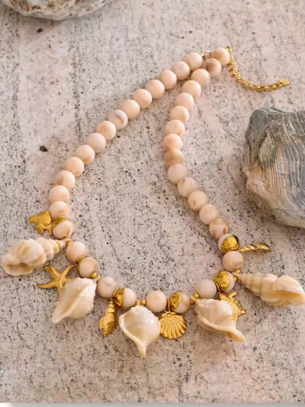 Couture Gold Cream Shell Charm Beaded Necklace - Picture 3 of 11